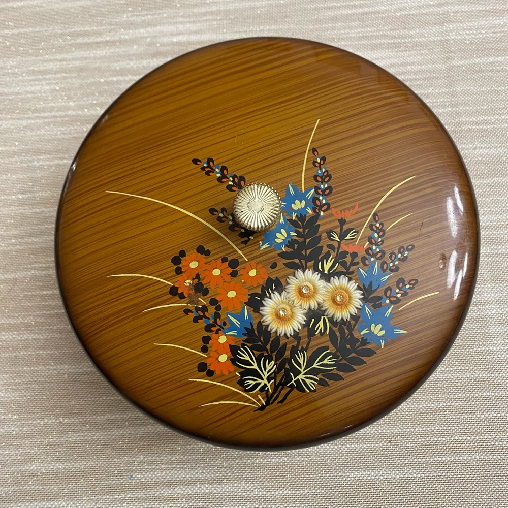 Vintage Japanese Lacquer Box Round Lidded  Hand Painted Raised Sunflower Trinket